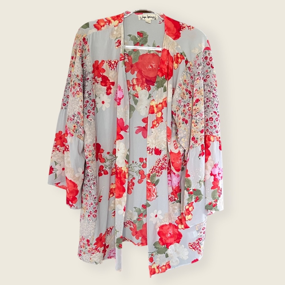 Hope Springs Womens Kimono One Size Red Blue/Grey Floral Bell Sleeve BOH…